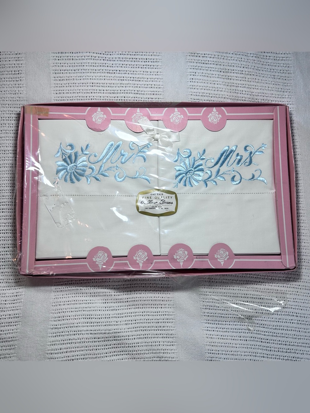NOS 60’s Mr & Mrs Embroidered Pillowcases White with Blue Letters Cotton